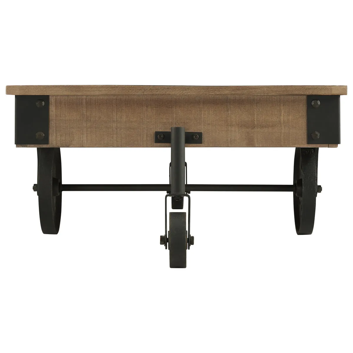 Rustic Poplar & Black Metal Cocktail Table with Decorative Casters, Solid Wood