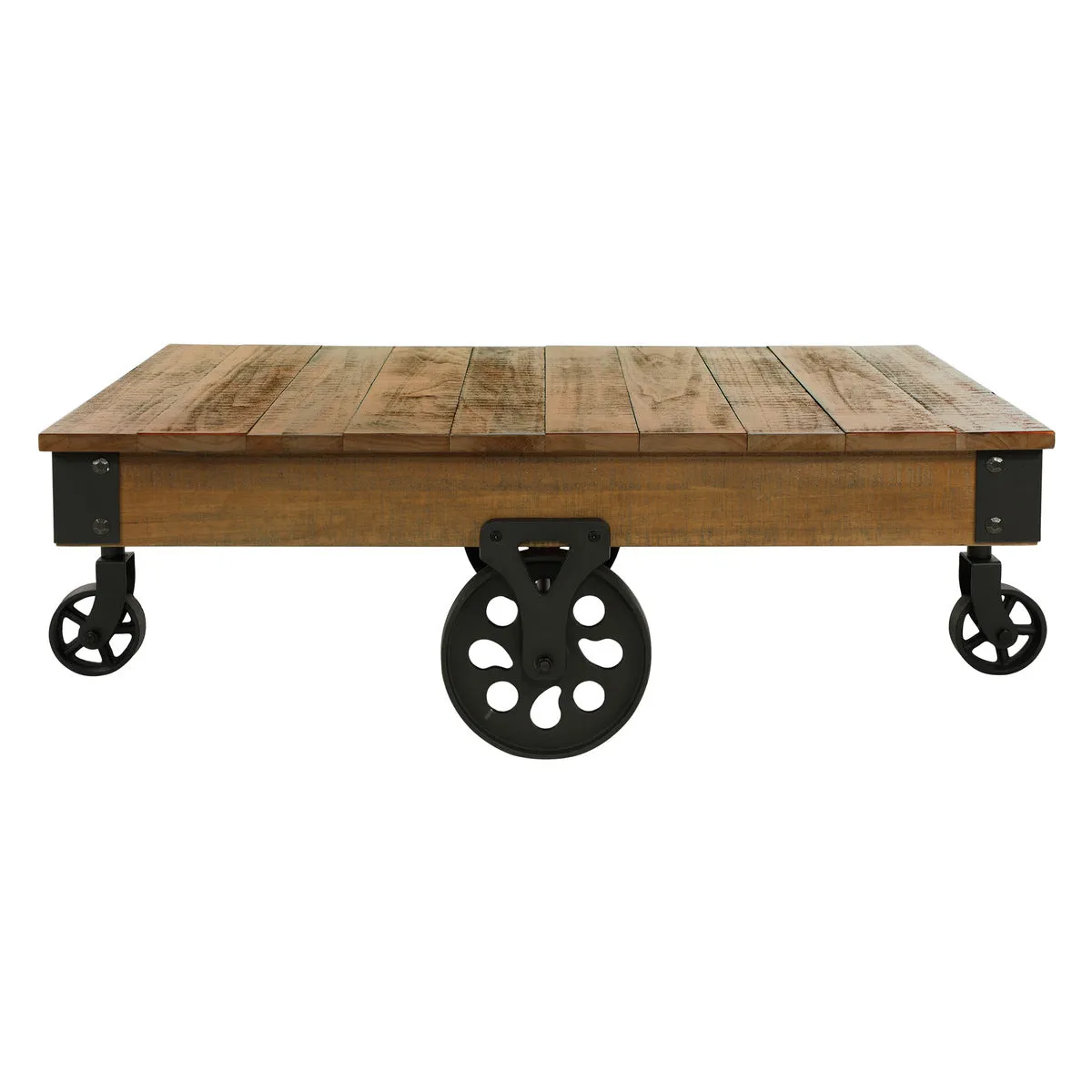 Rustic Poplar & Black Metal Cocktail Table with Decorative Casters, Solid Wood