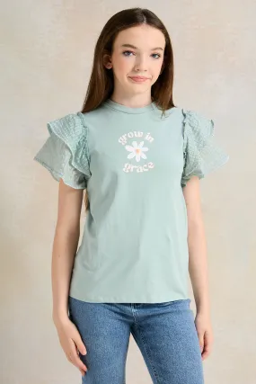 Senior Girls Mint Ruffled Sleeve Top