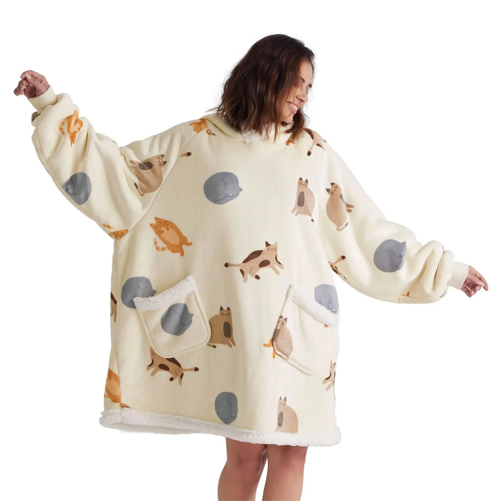 Sherpa Fleece Printed Short Wearable Blanket Hoodie Cat