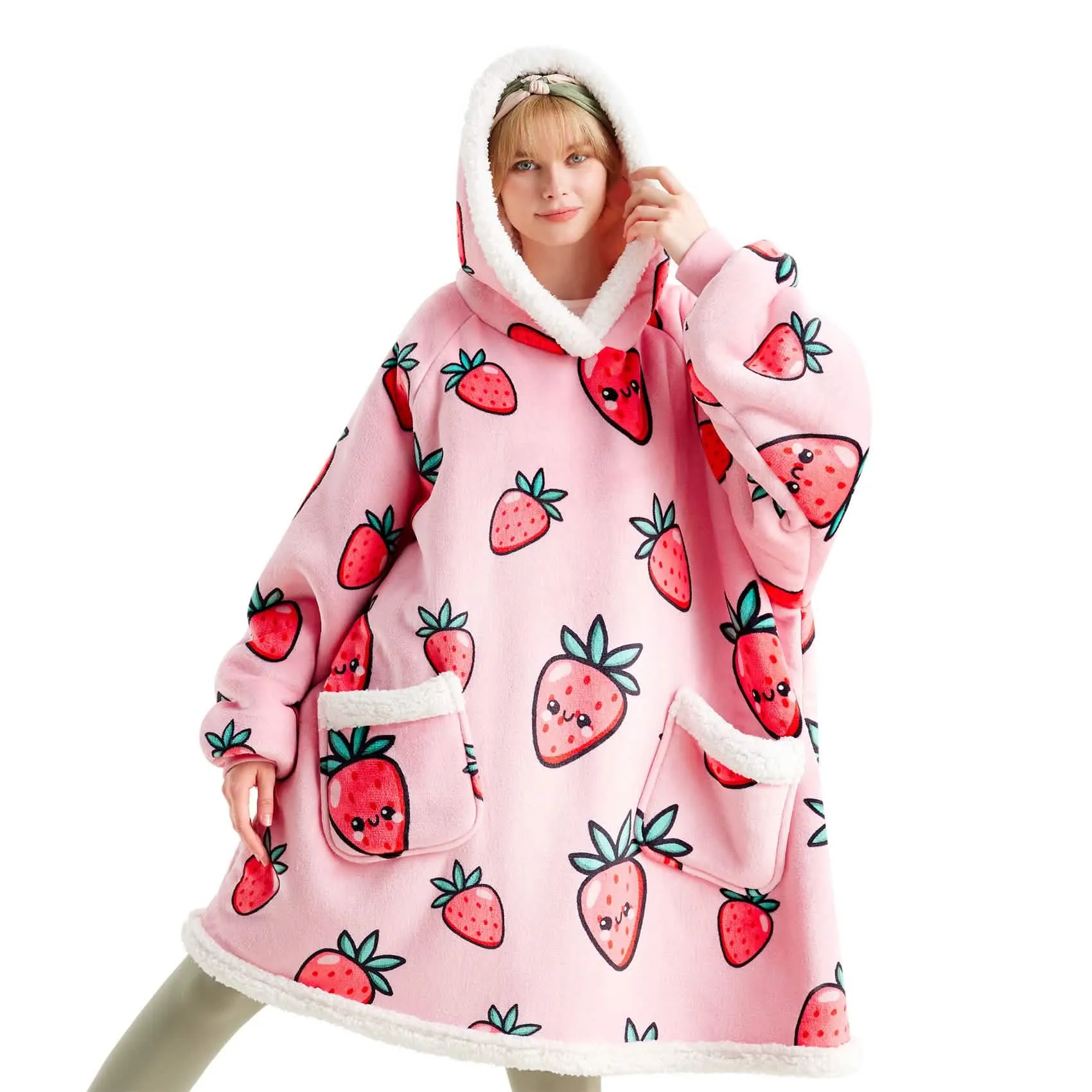 Sherpa Fleece Printed Short Wearable Blanket Hoodie Crystal Rose