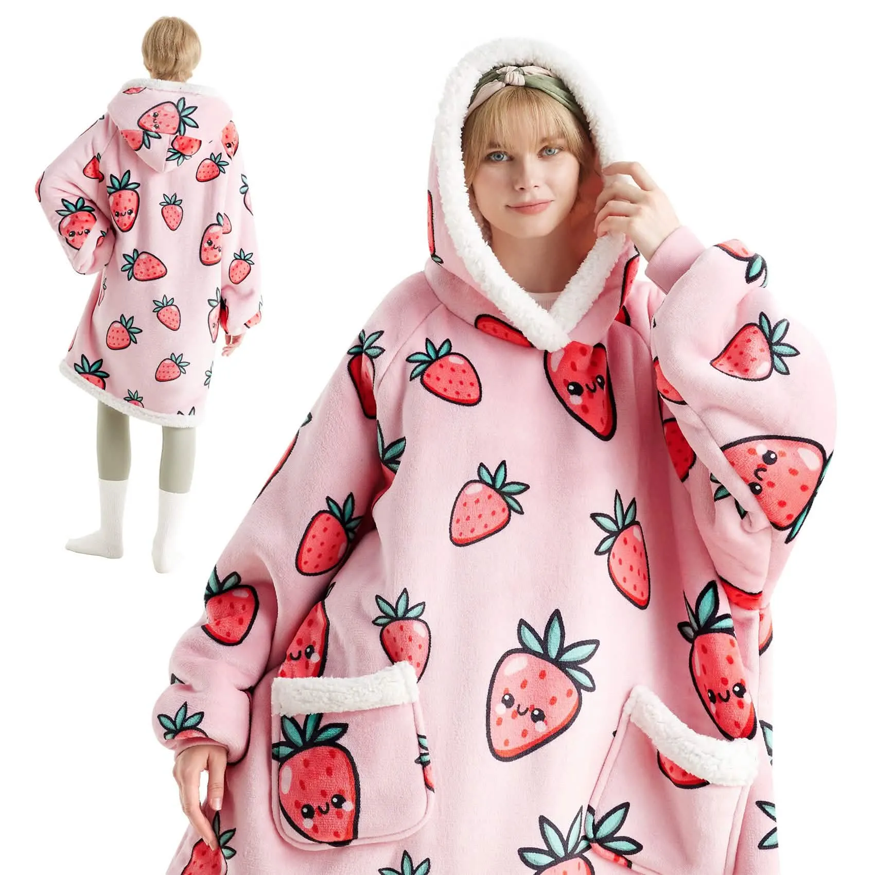 Sherpa Fleece Printed Short Wearable Blanket Hoodie Crystal Rose