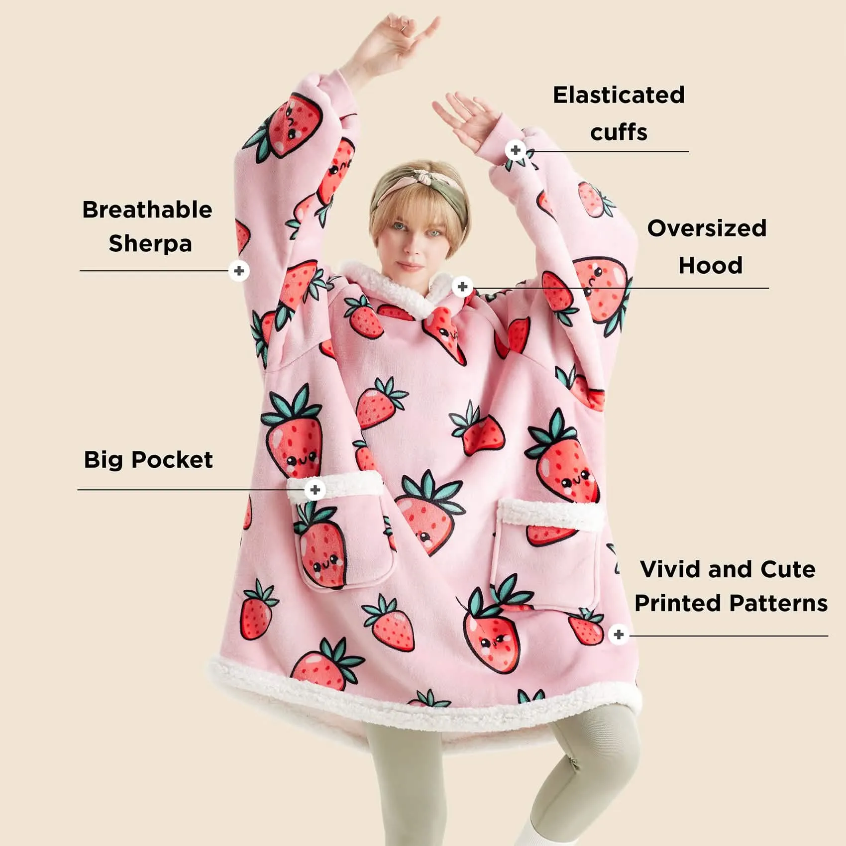 Sherpa Fleece Printed Short Wearable Blanket Hoodie Crystal Rose