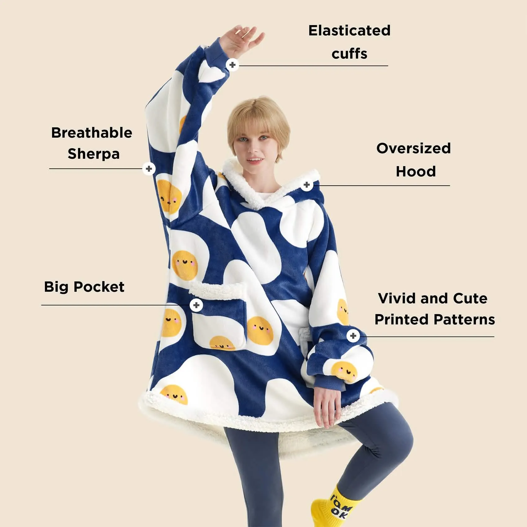 Sherpa Fleece Printed Short Wearable Blanket Hoodie Denim Blue