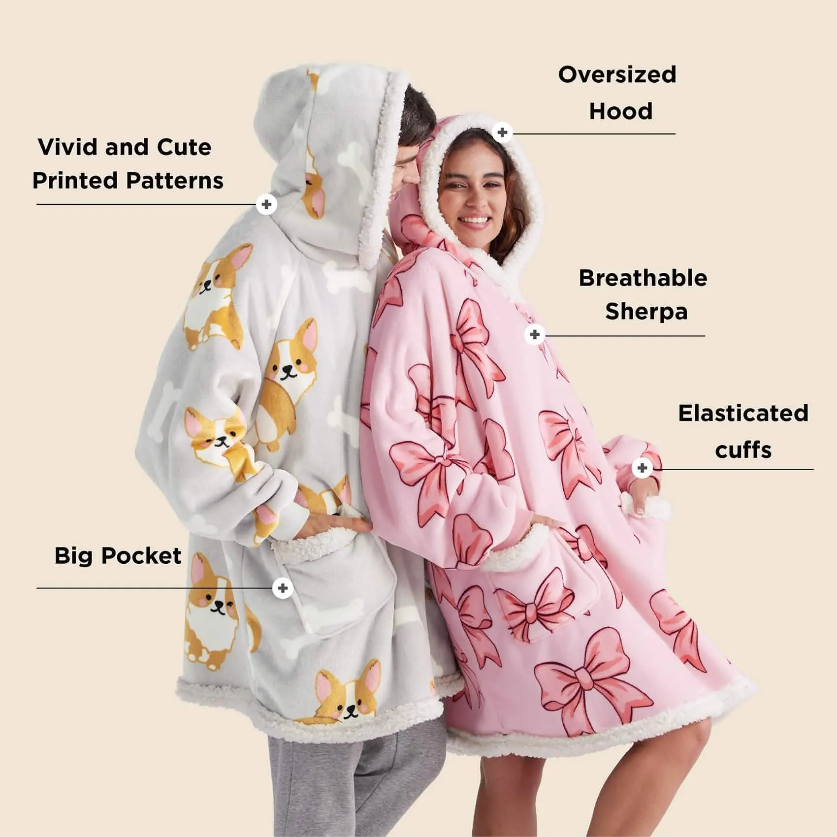 Sherpa Fleece Printed Short Wearable Blanket Hoodie