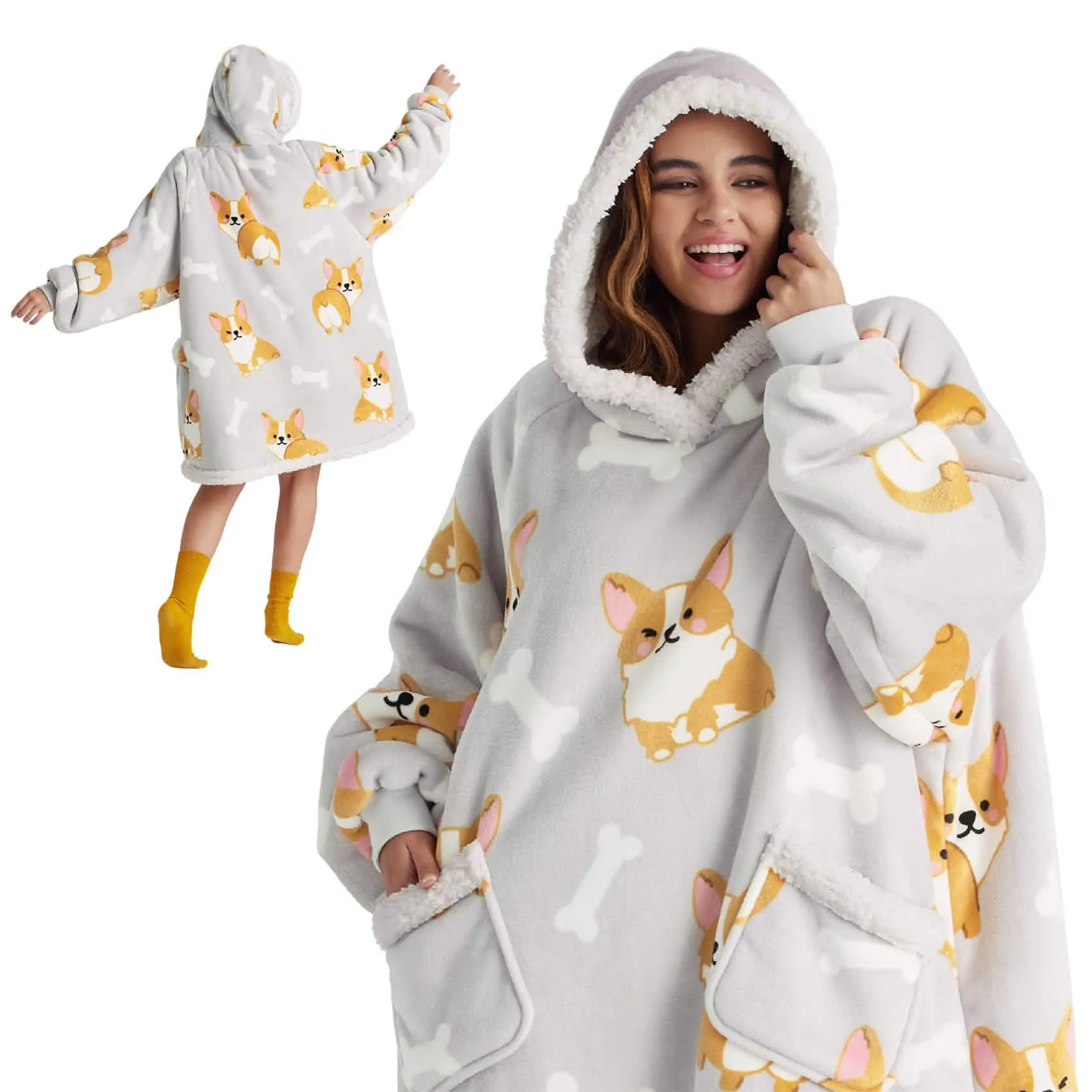 Sherpa Fleece Printed Short Wearable Blanket Hoodie