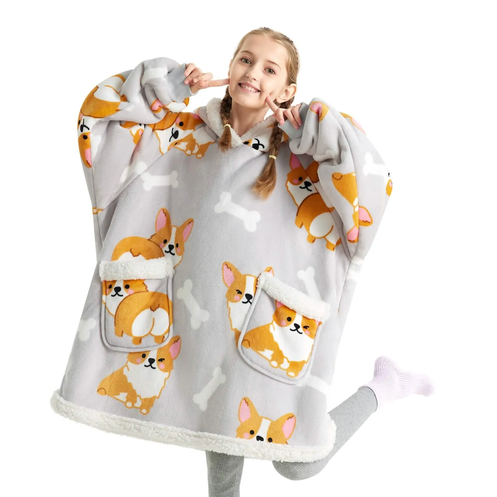 Sherpa Fleece Printed Short Wearable Blanket Hoodie