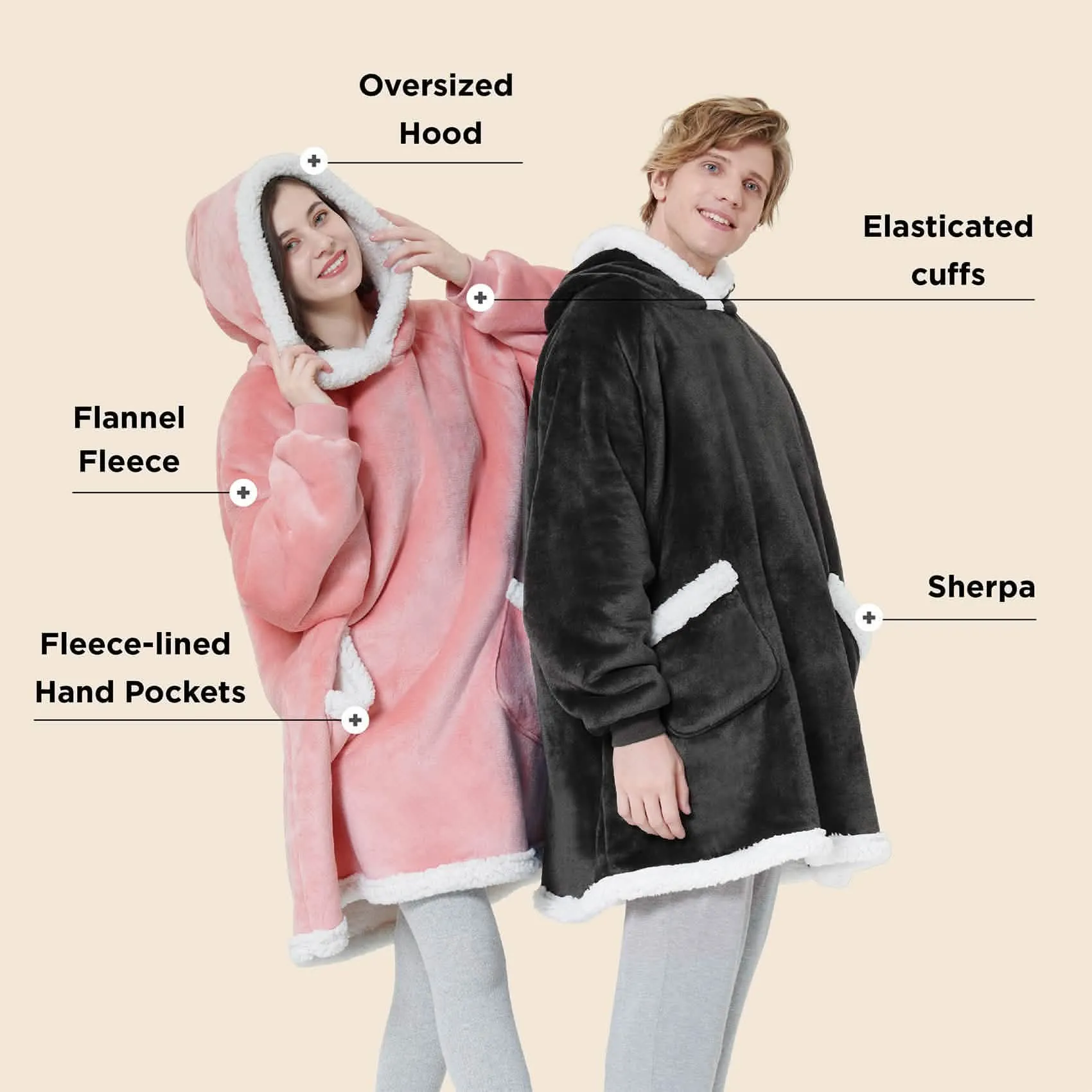 Sherpa Fleece Solid Short Wearable Blanket Hoodie