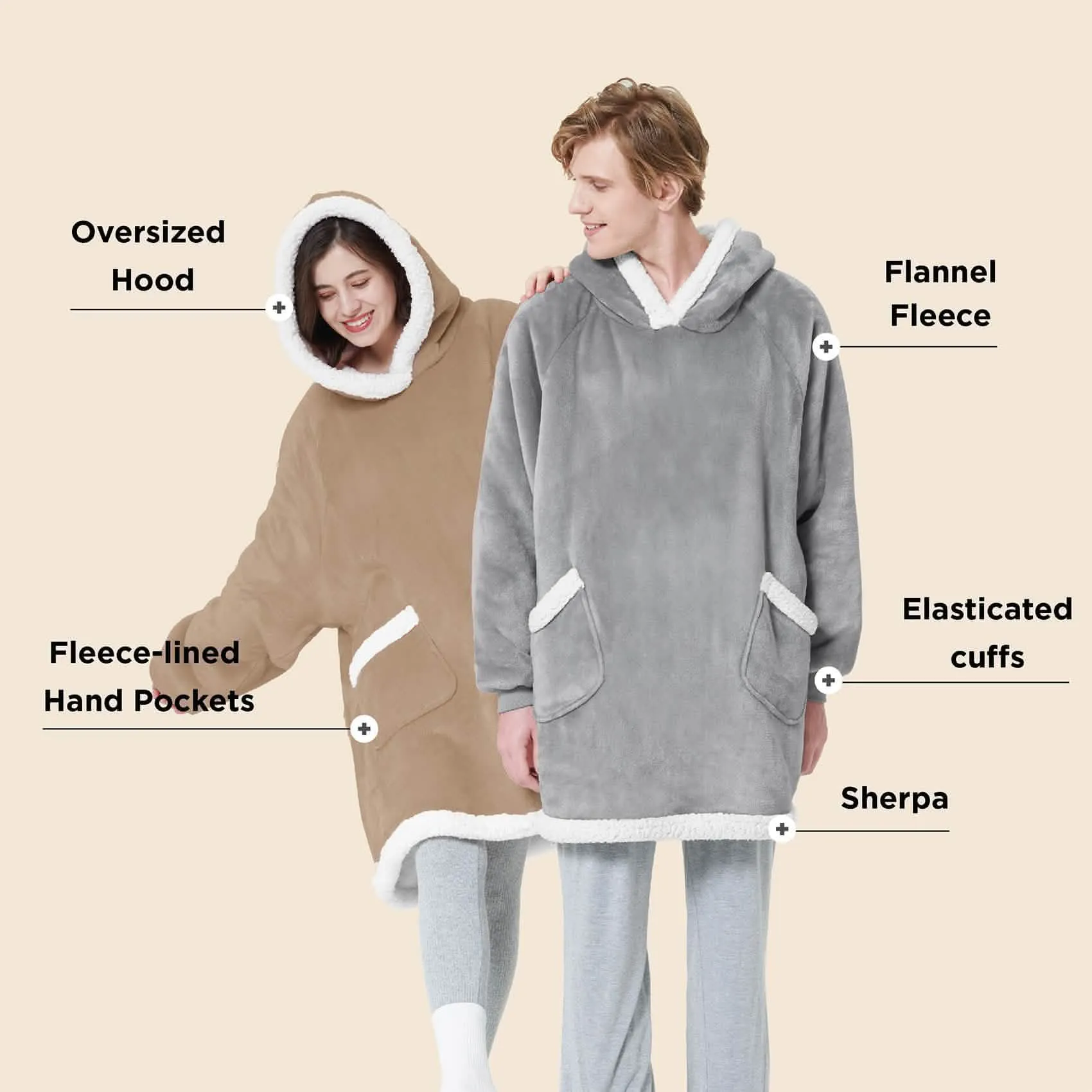 Sherpa Fleece Solid Short Wearable Blanket Hoodie