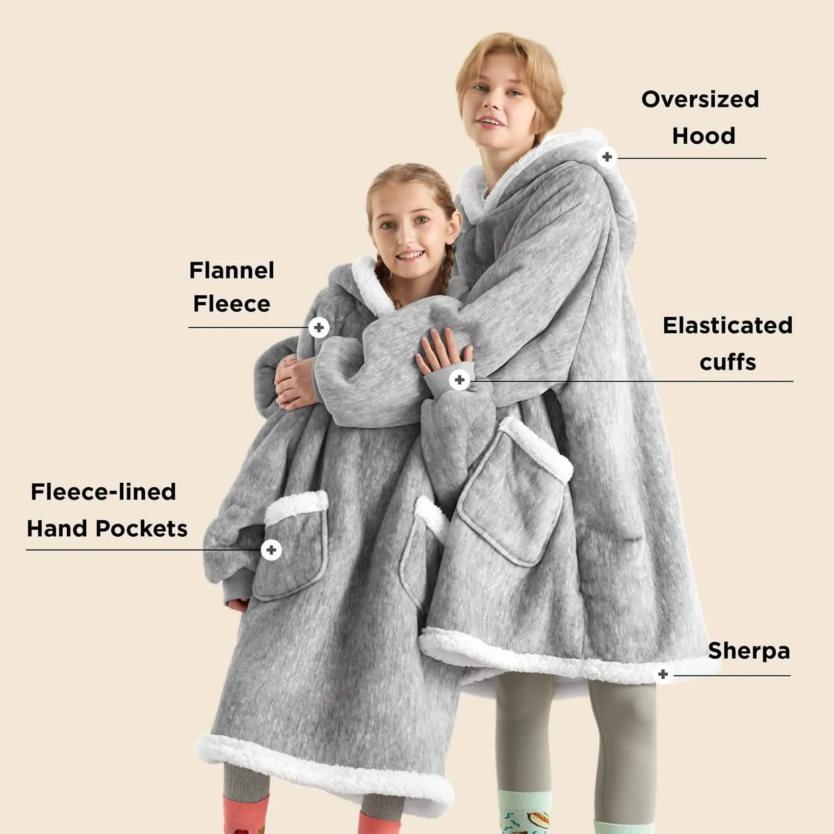 Sherpa Fleece Solid Short Wearable Blanket Hoodie