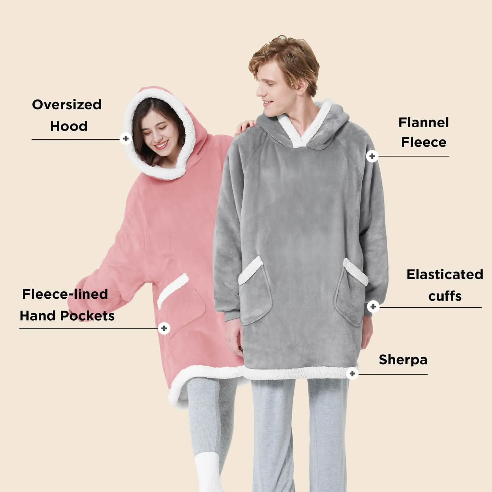 Sherpa Fleece Solid Short Wearable Blanket Hoodie