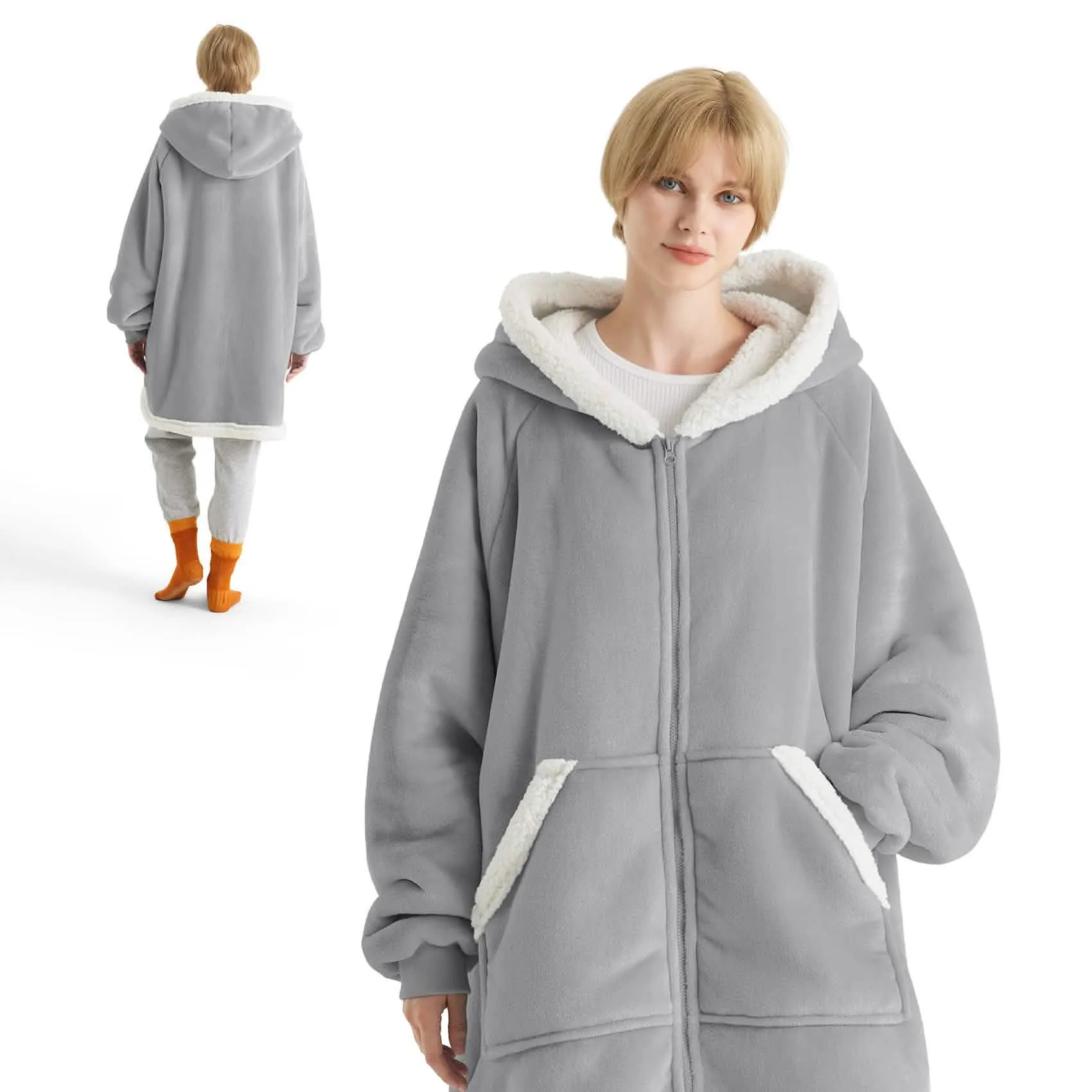 Sherpa Fleece Zippered Short Wearable Blanket Hoodie