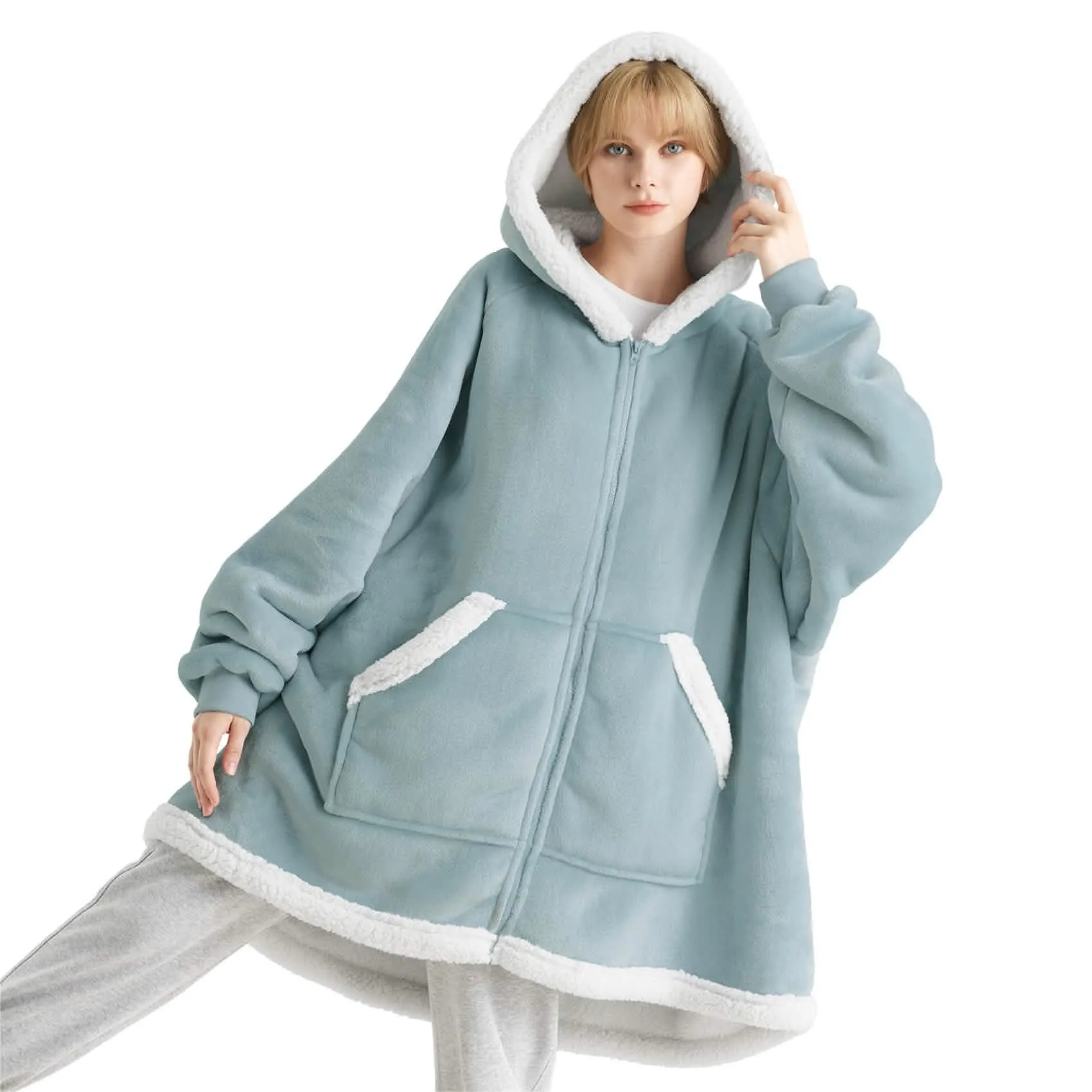 Sherpa Fleece Zippered Short Wearable Blanket Hoodie