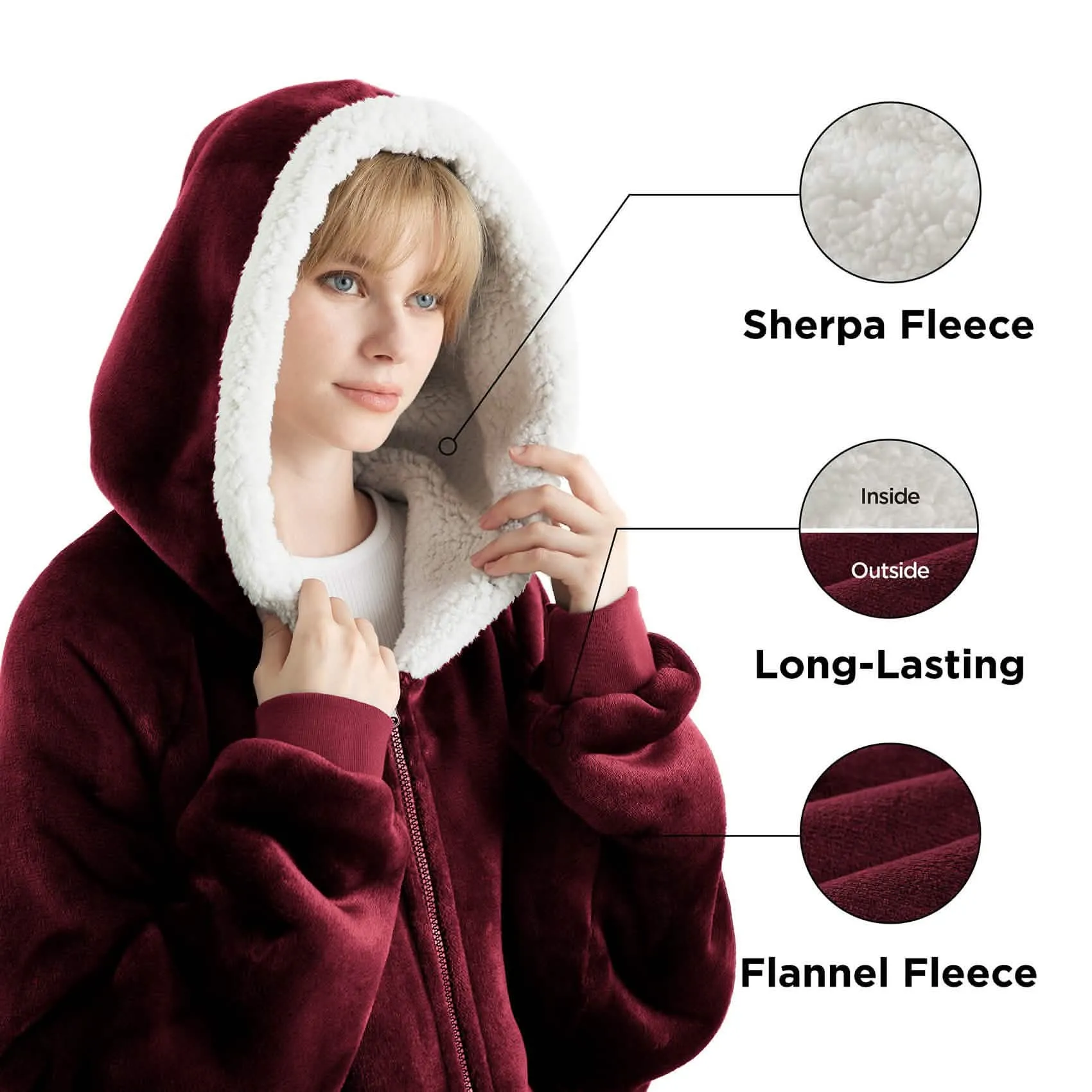 Sherpa Fleece Zippered Short Wearable Blanket Hoodie