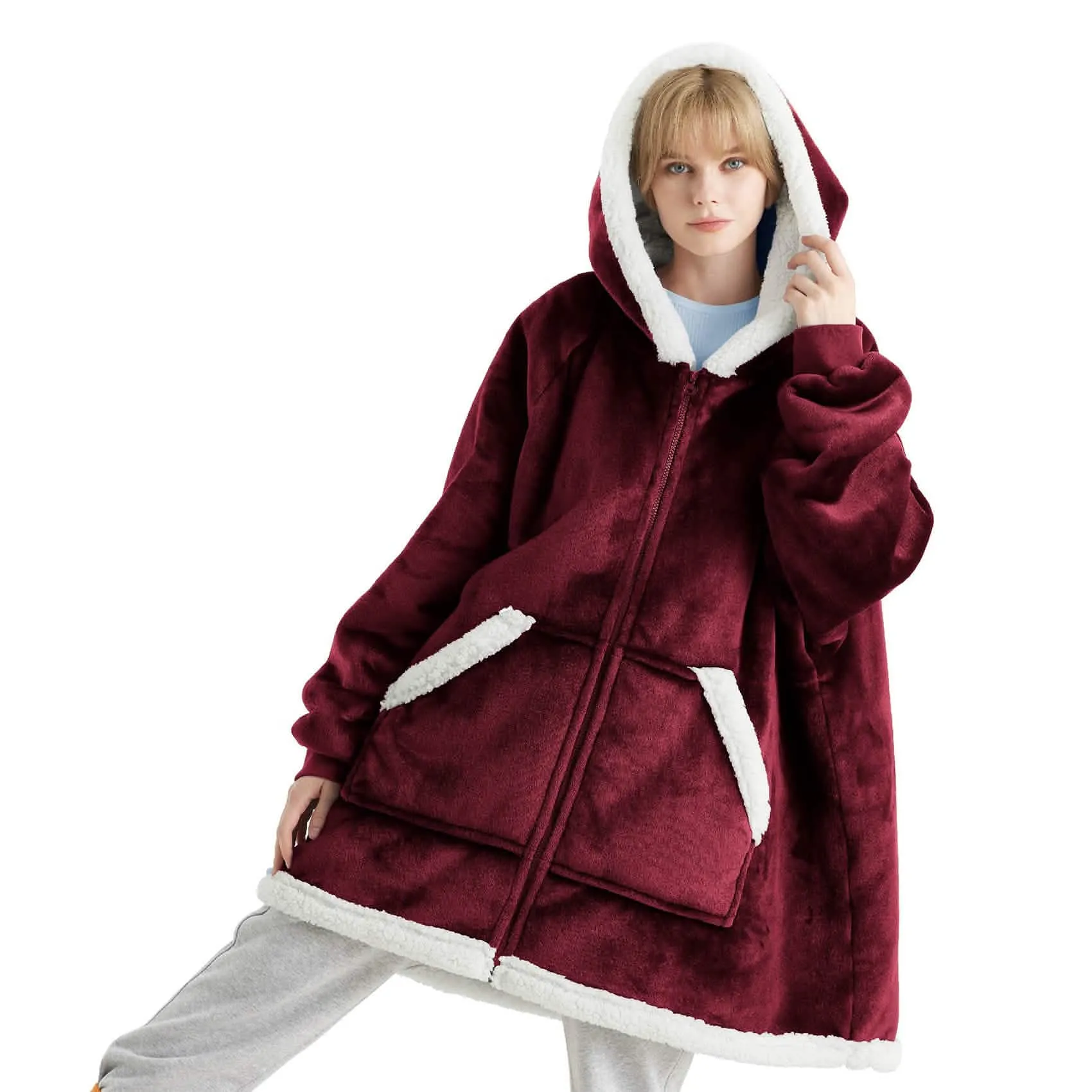 Sherpa Fleece Zippered Short Wearable Blanket Hoodie