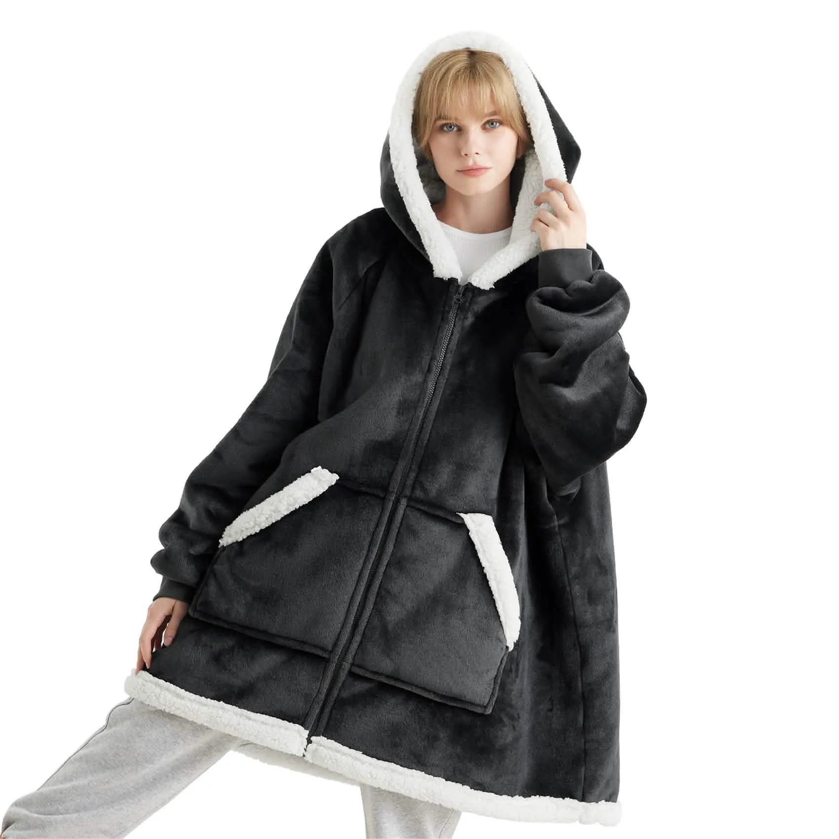 Sherpa Fleece Zippered Short Wearable Blanket Hoodie