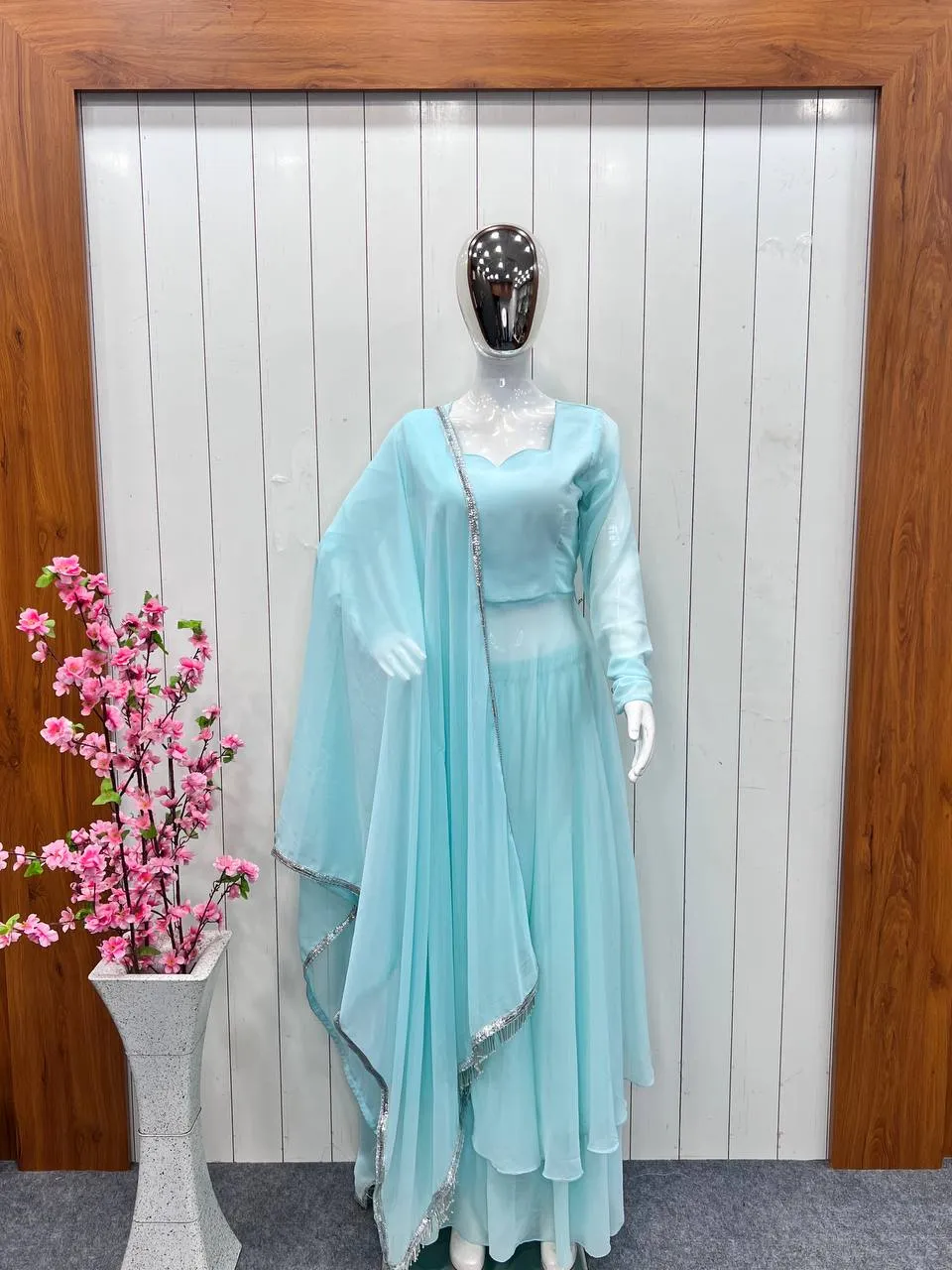 Sky Blue Anarkali Gown Pant Set With Dupatta, Indian traditional Solid Color Gown Dupatta Set for Women And Girls Weddings, Readymade Dresses