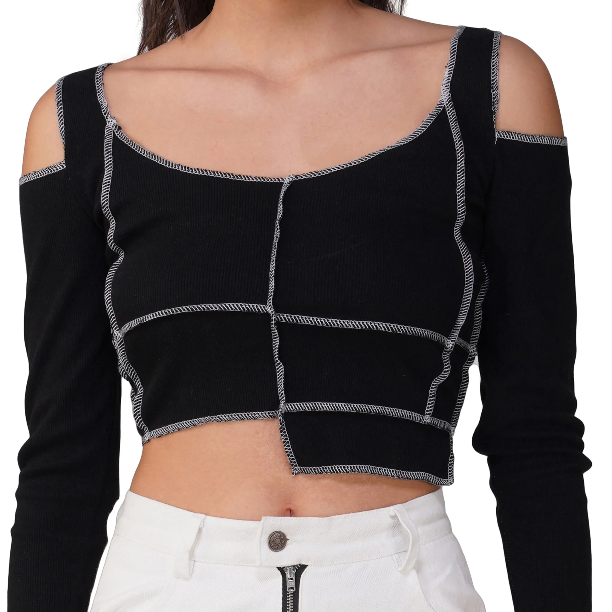 SLAY. Women's Contrast Stitch Black Cold Shoulder Rib Full Sleeves Top & Jeans Co-ord Set