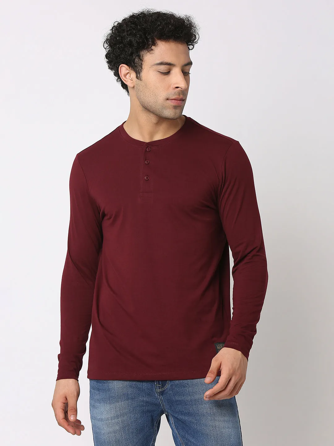 Spykar Men Wine Cotton Slim Fit Henley Neck Plain T-Shirt