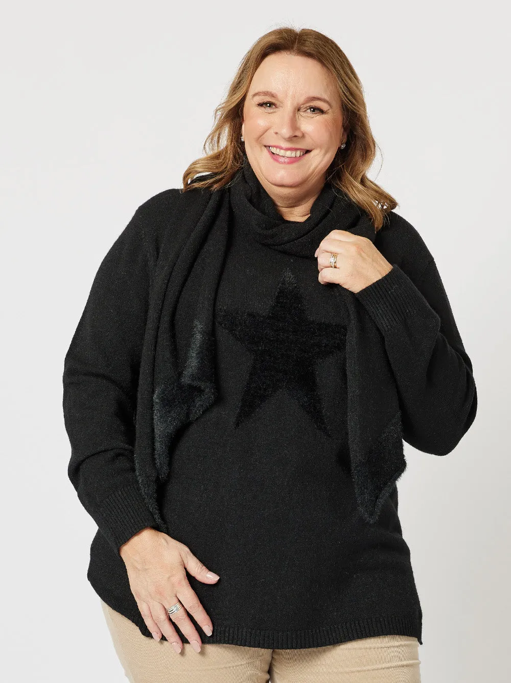 Star Knit With Scarf - Black