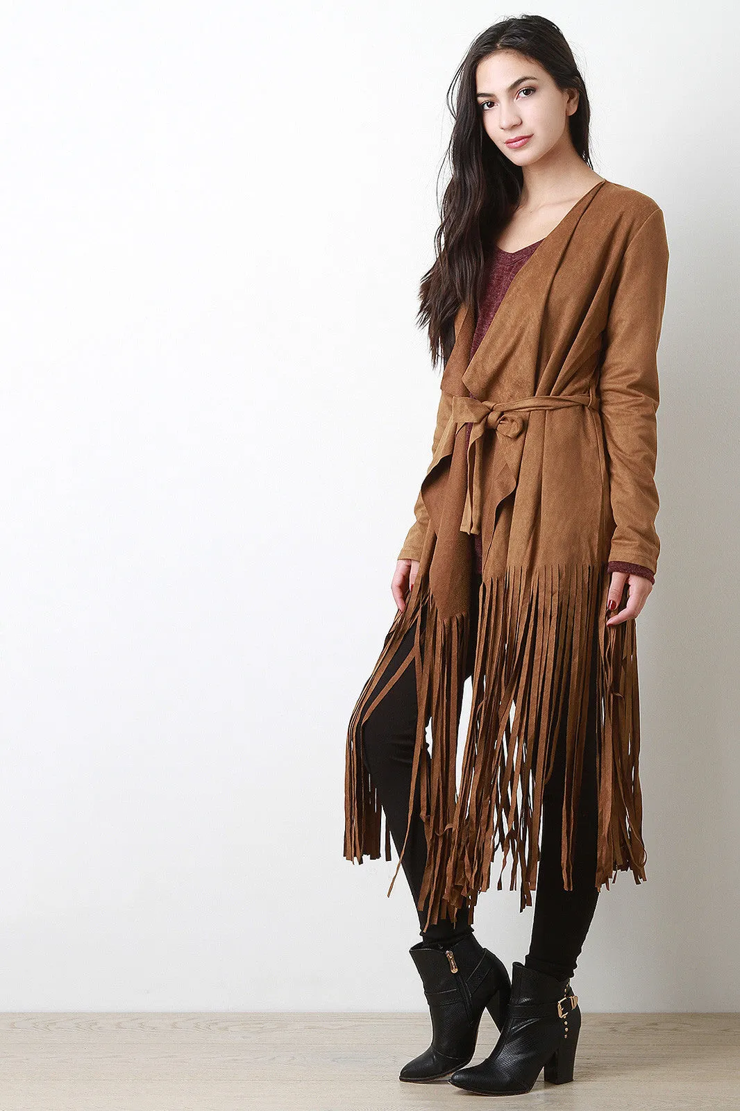 Suede Long Fringe Belted Trench Coat