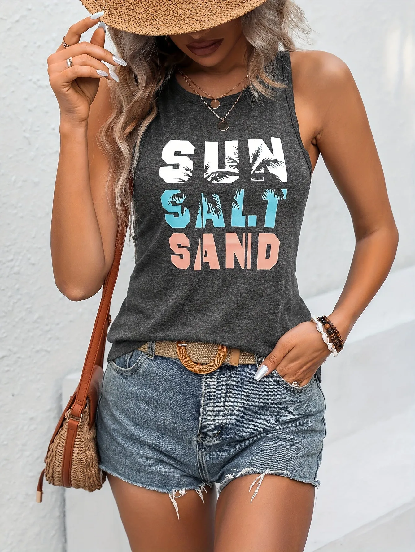 Summer Letter Print Crew Neck Tank Top for Women