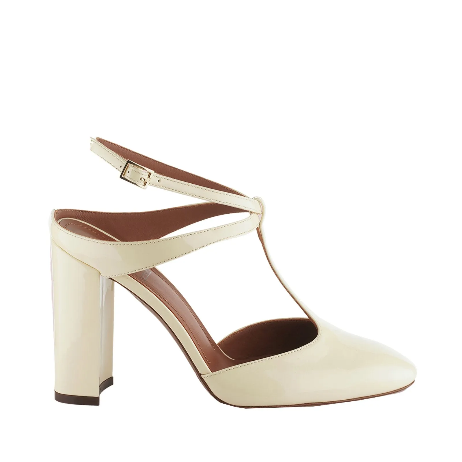 T-Bar Court Shoes In Milk White Patent Leather