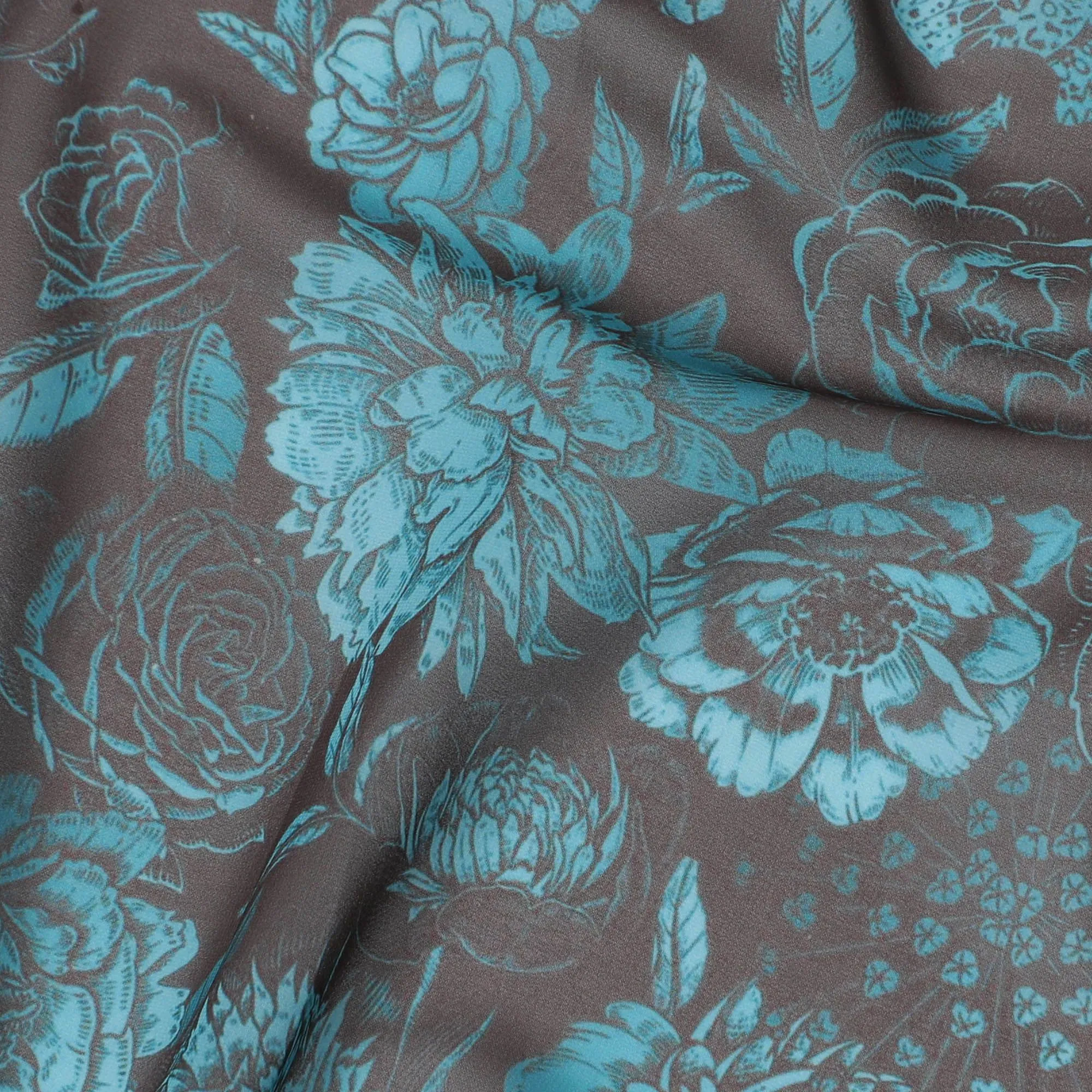 Teal Temptation Floral Synthetic Georgette Fabric - Exotic Blossom Print, 110cm - Shop Online-D17990