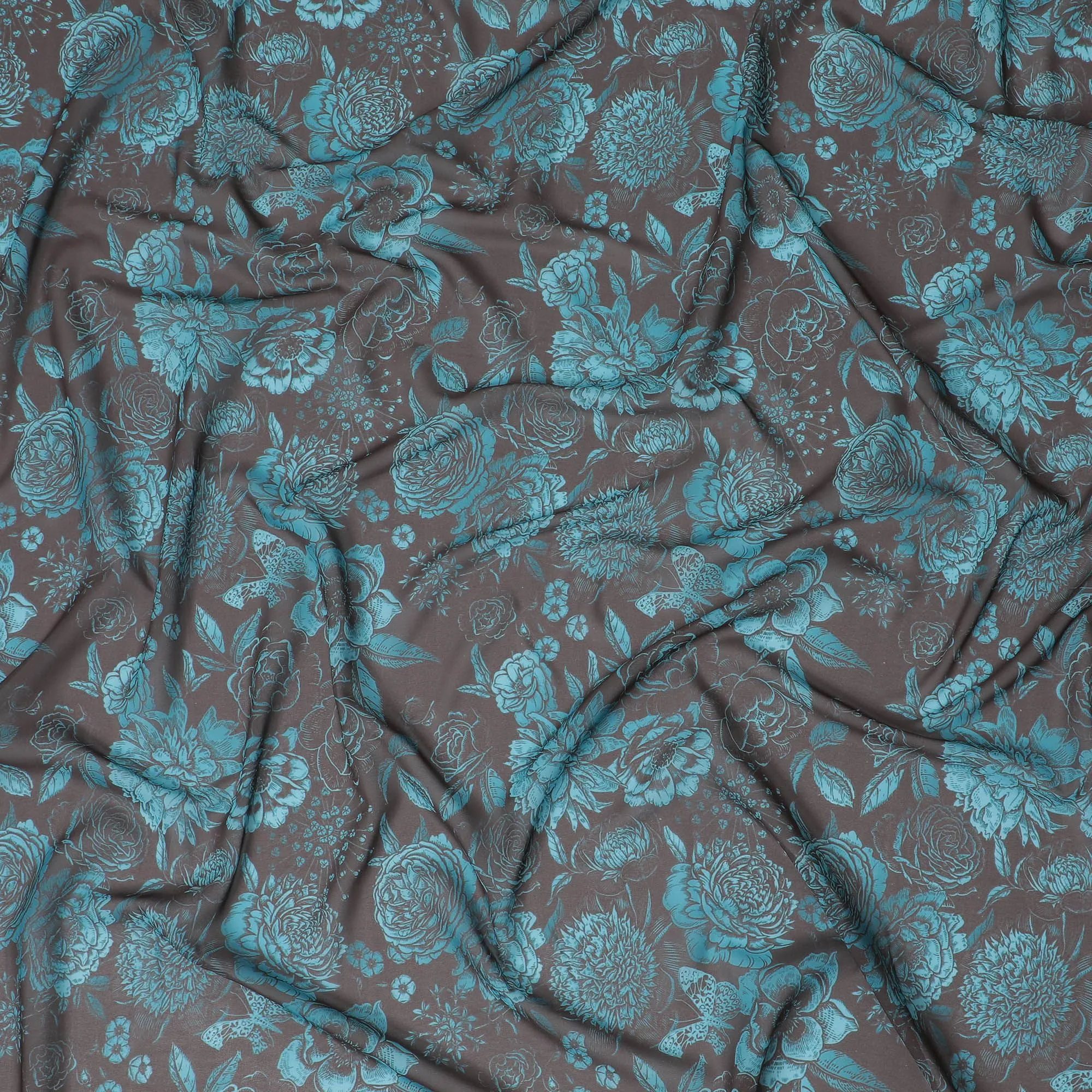 Teal Temptation Floral Synthetic Georgette Fabric - Exotic Blossom Print, 110cm - Shop Online-D17990