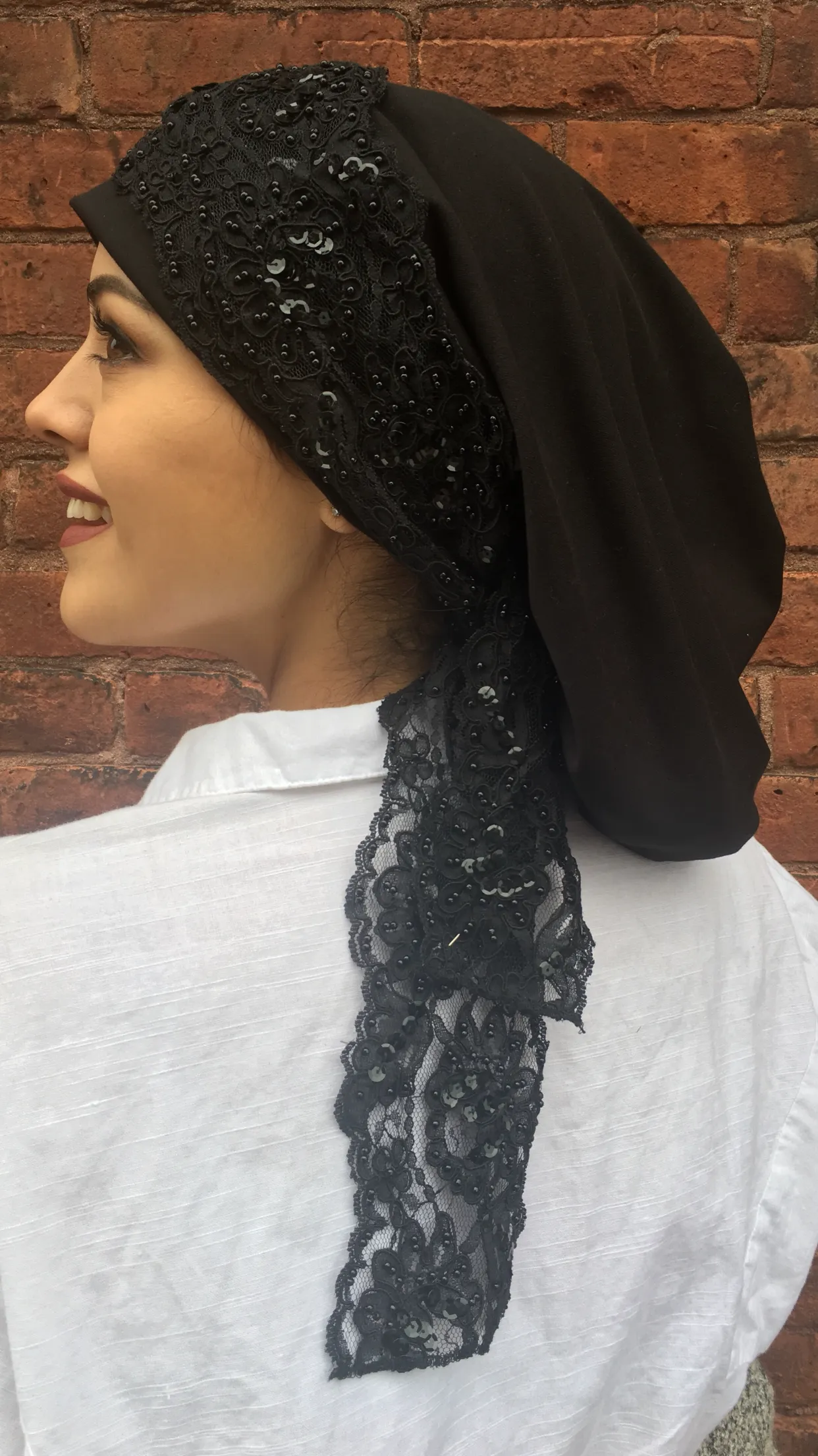 Tichel For Wedding | Black Lace Hair Wrap Uptown Girl Headwear Wrap Around Lycra Headscarf Stunning Dressy Hijab Style Snood Turban for Women