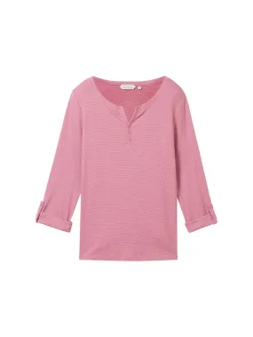 TOM TAILOR CASUAL WOMEN T-SHIRT STRIPE HENLEY PINK WHITE STRIPE