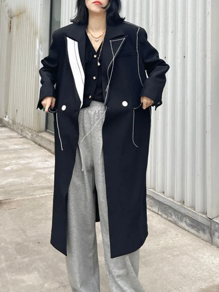 Topstitched Contrast Design Midi Trench Long Sleeve Elegant Suit Windbreaker Autumn Winter Fashion Women