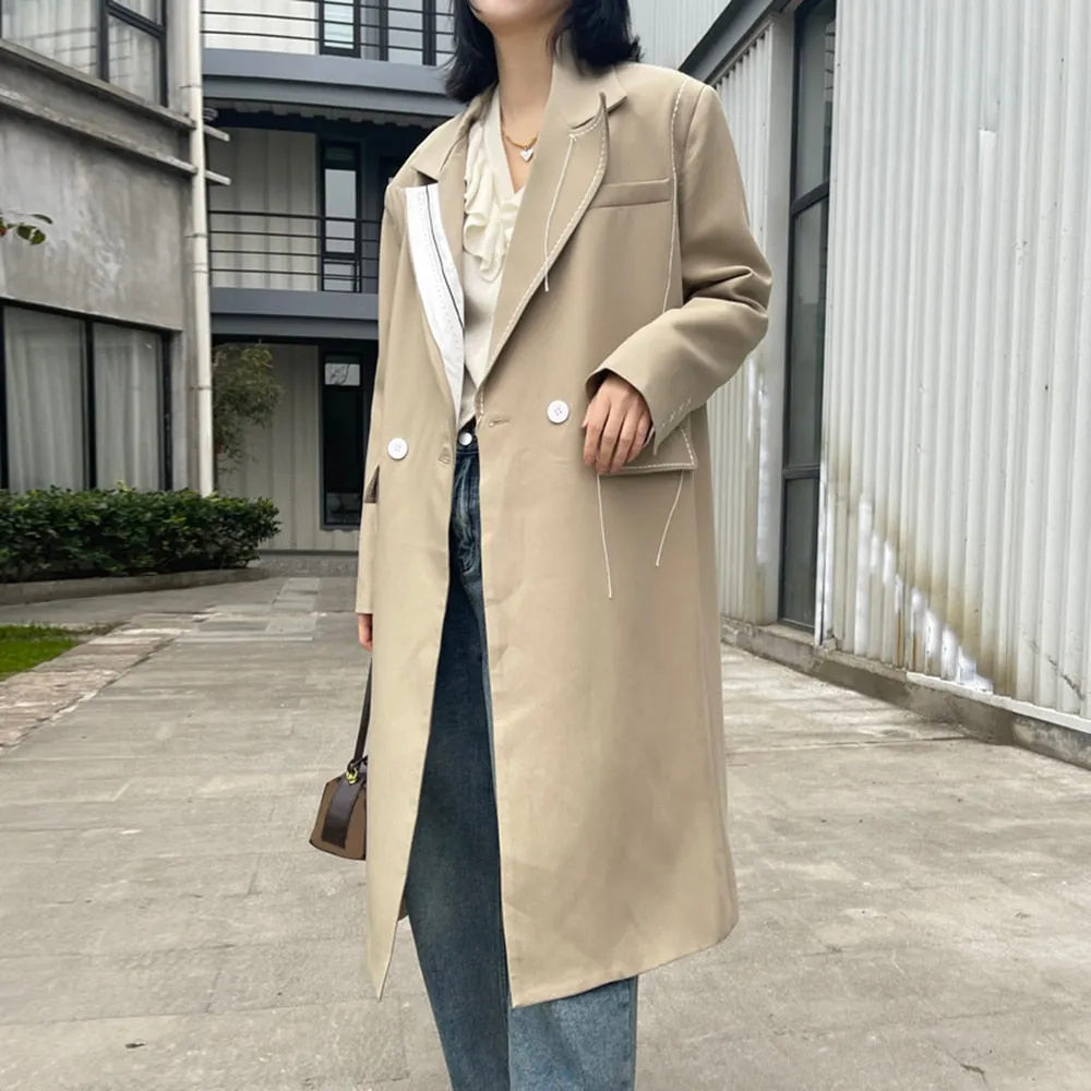 Topstitched Contrast Design Midi Trench Long Sleeve Elegant Suit Windbreaker Autumn Winter Fashion Women