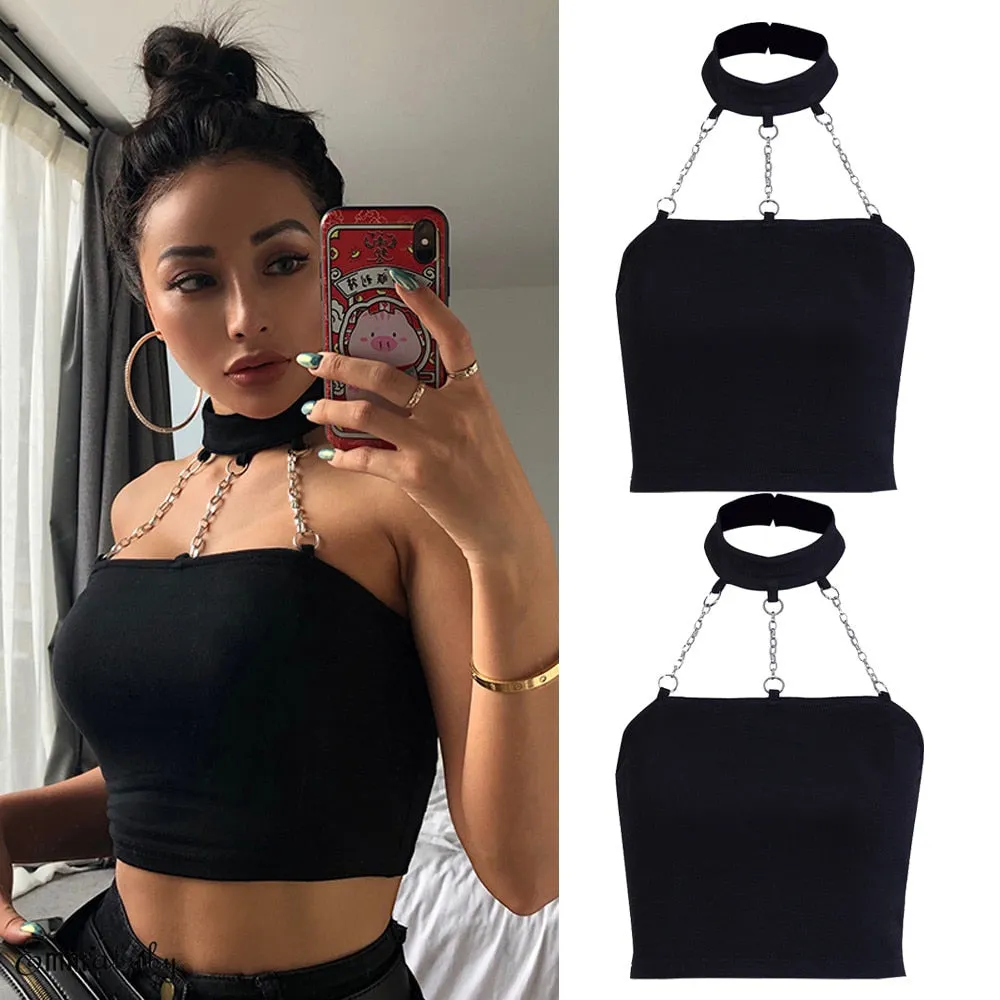 Trendy Choker Halter Top Black Cami Backless Top