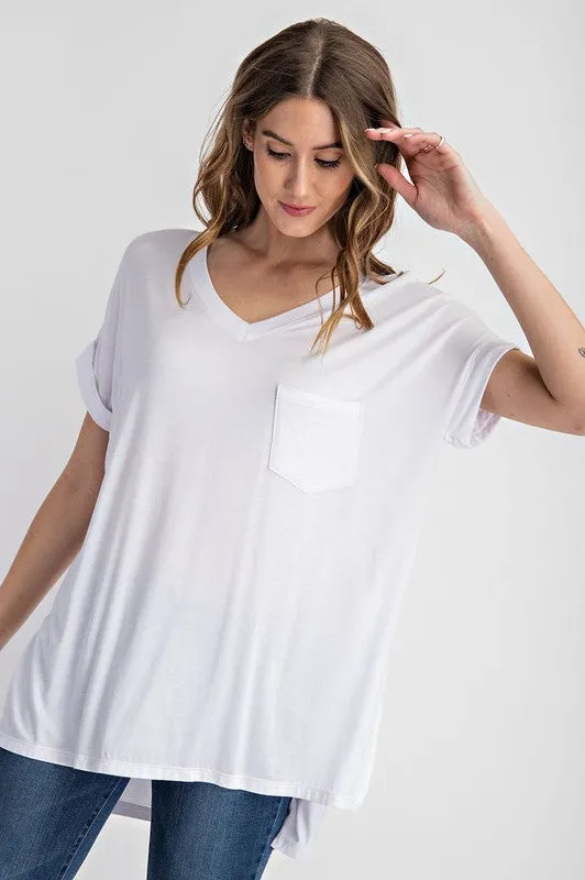 V NECK BASIC HIGH LOW HEM TOP