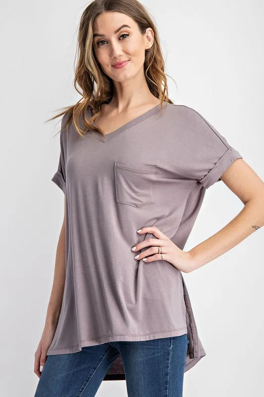 V NECK BASIC HIGH LOW HEM TOP