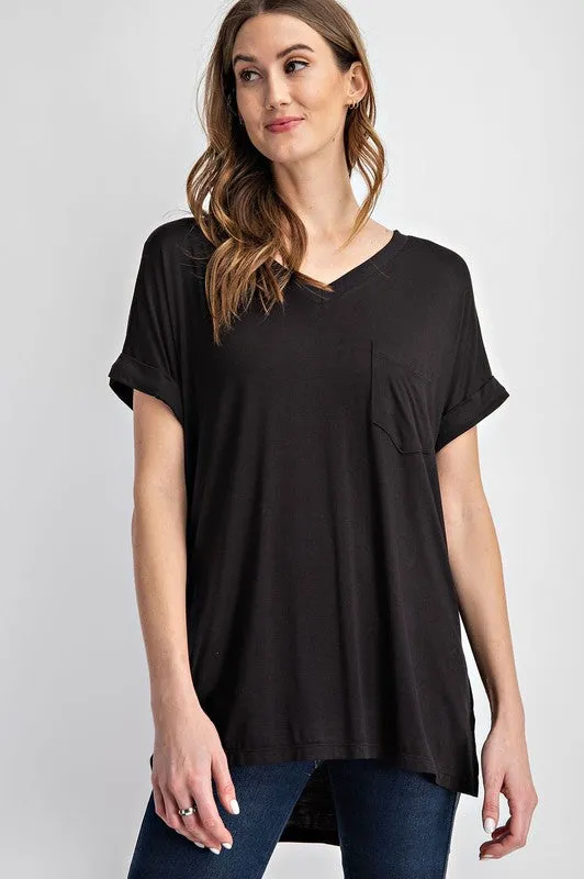 V NECK BASIC HIGH LOW HEM TOP