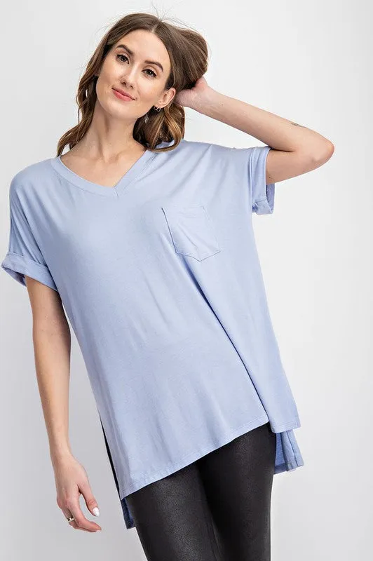 V NECK BASIC HIGH LOW HEM TOP