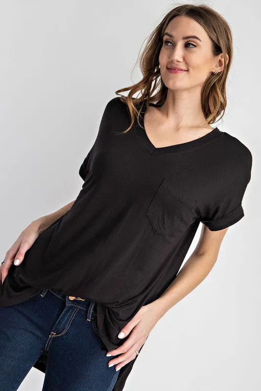 V NECK BASIC HIGH LOW HEM TOP