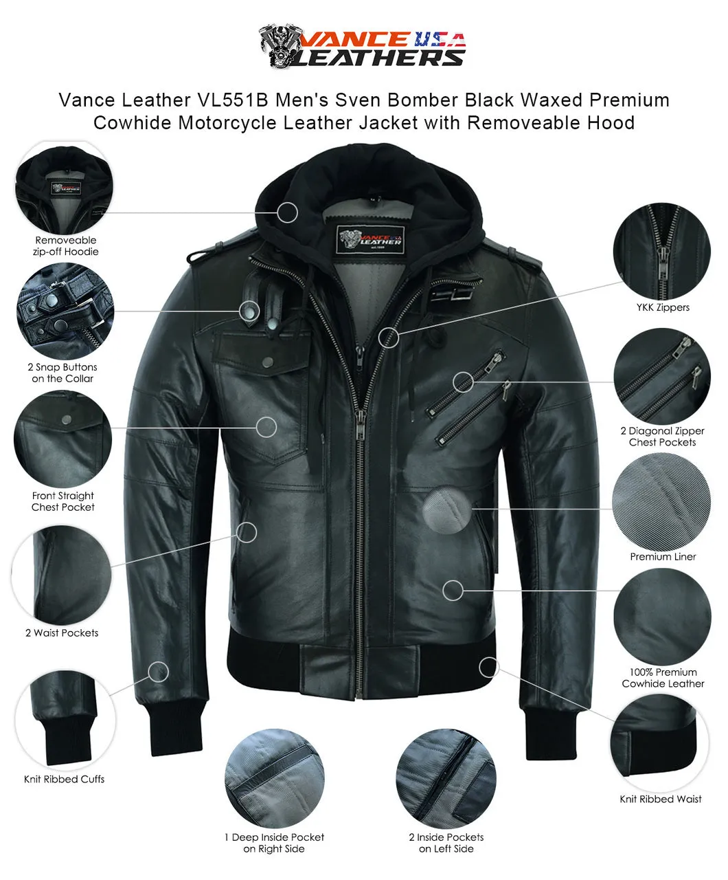 Vance Leather Men's Sven Bomber Black Waxed Premium Cowhide Motorcycle Leather Jacket with Removeable Hood