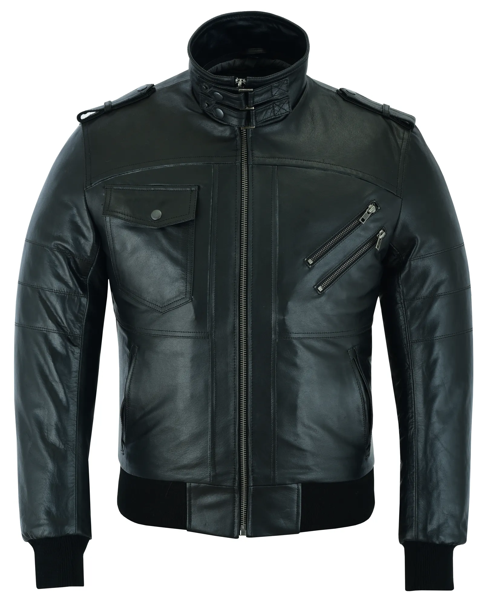 Vance Leather Men's Sven Bomber Black Waxed Premium Cowhide Motorcycle Leather Jacket with Removeable Hood