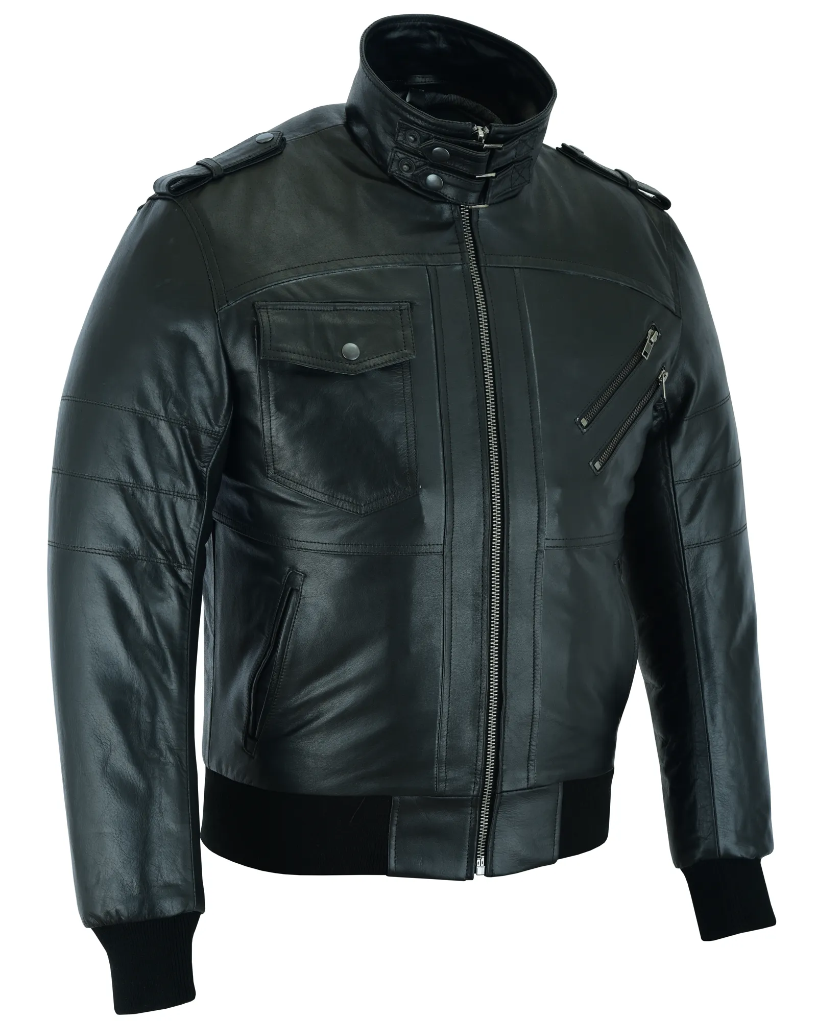 Vance Leather Men's Sven Bomber Black Waxed Premium Cowhide Motorcycle Leather Jacket with Removeable Hood