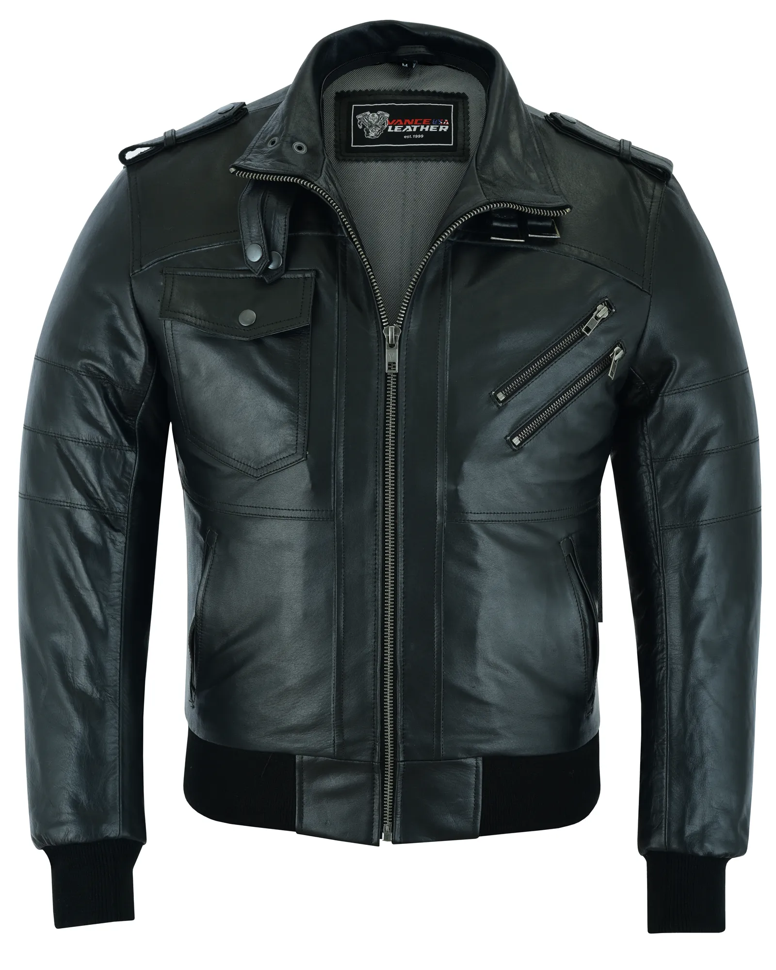 Vance Leather Men's Sven Bomber Black Waxed Premium Cowhide Motorcycle Leather Jacket with Removeable Hood