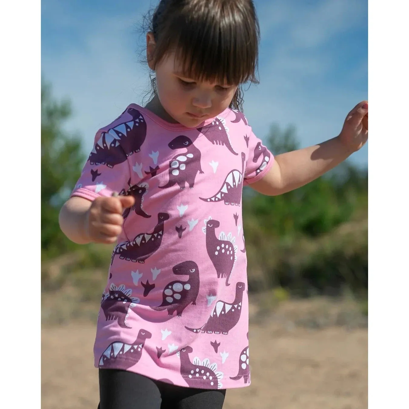 VIOLA Short Sleeve Tunic - Dinosaurs in Light Pink and Beetroot