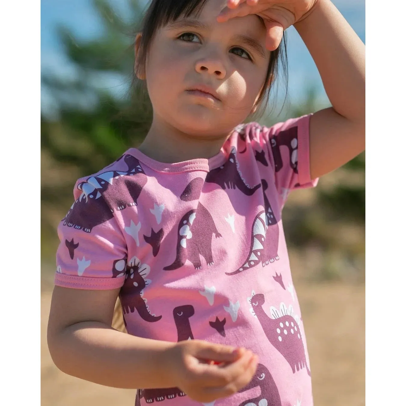 VIOLA Short Sleeve Tunic - Dinosaurs in Light Pink and Beetroot