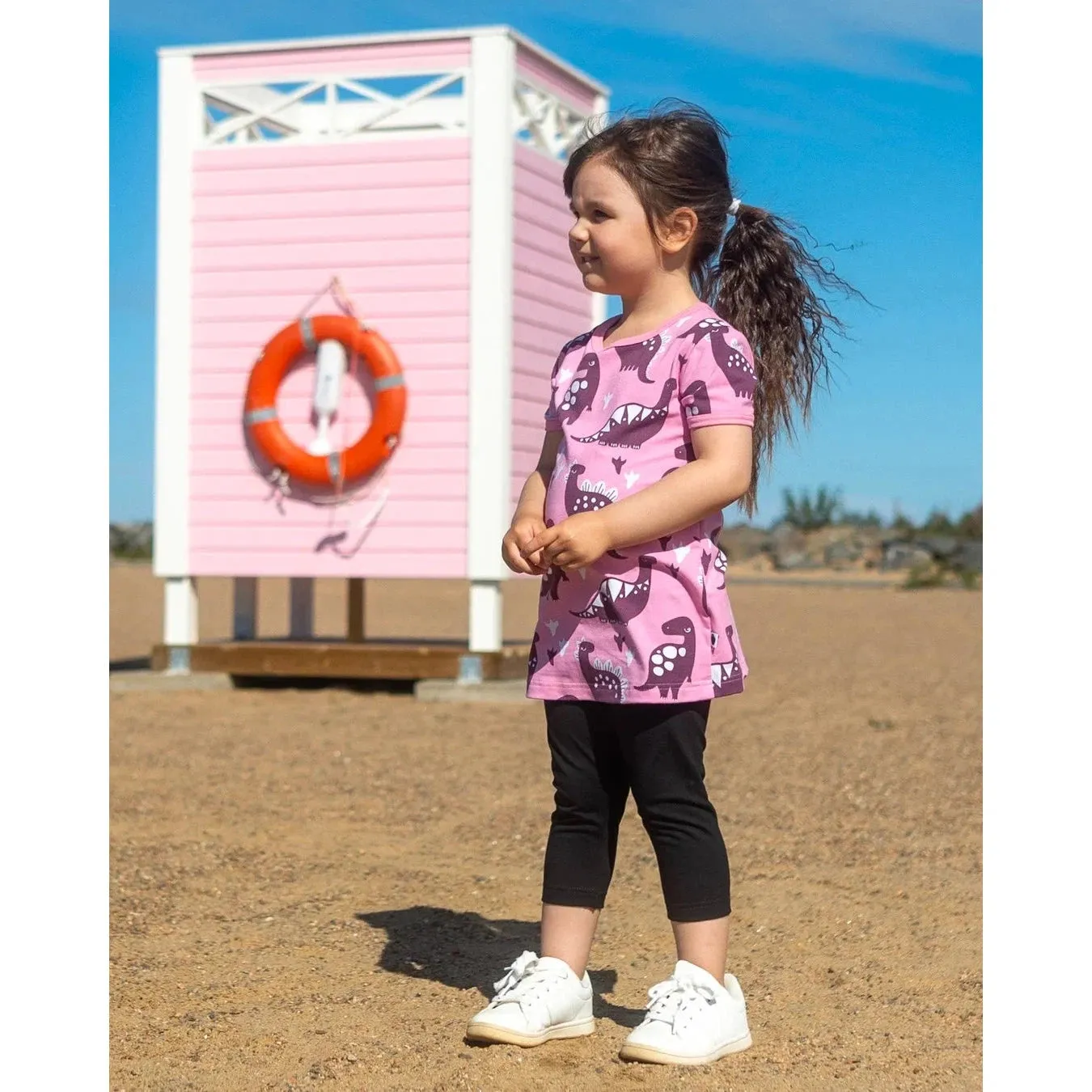 VIOLA Short Sleeve Tunic - Dinosaurs in Light Pink and Beetroot