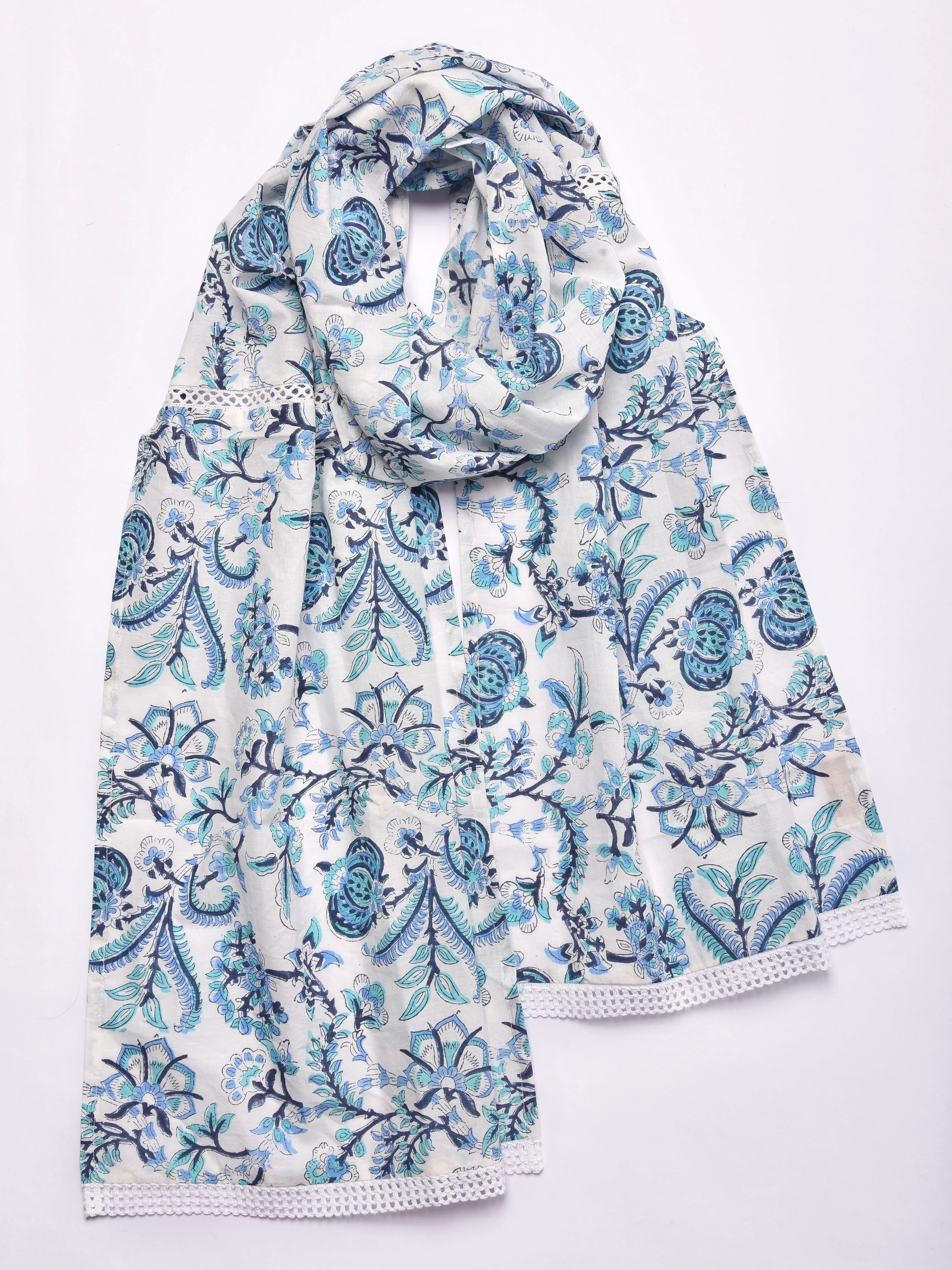 White Overall Blue Print Cotton Stole