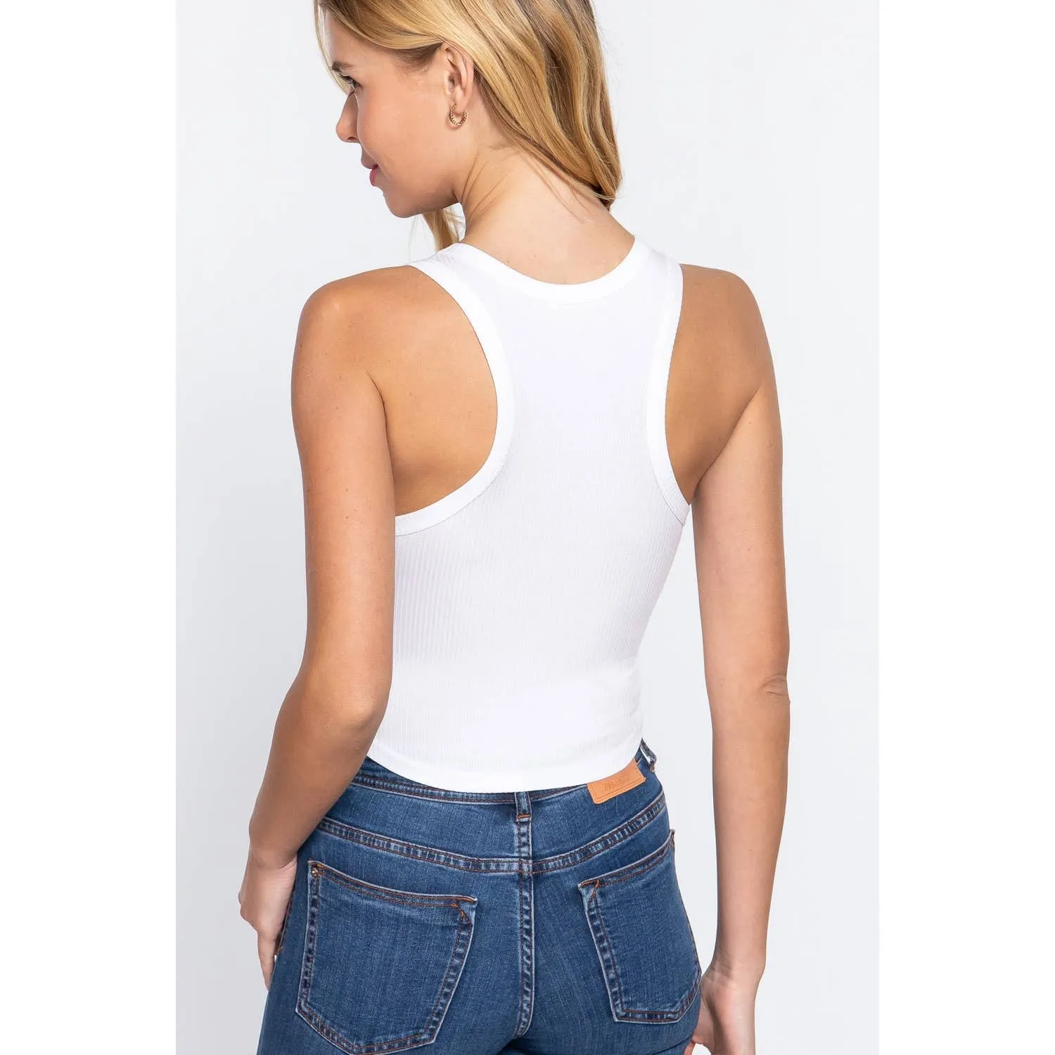 White Round Neck Rib Knit Tank