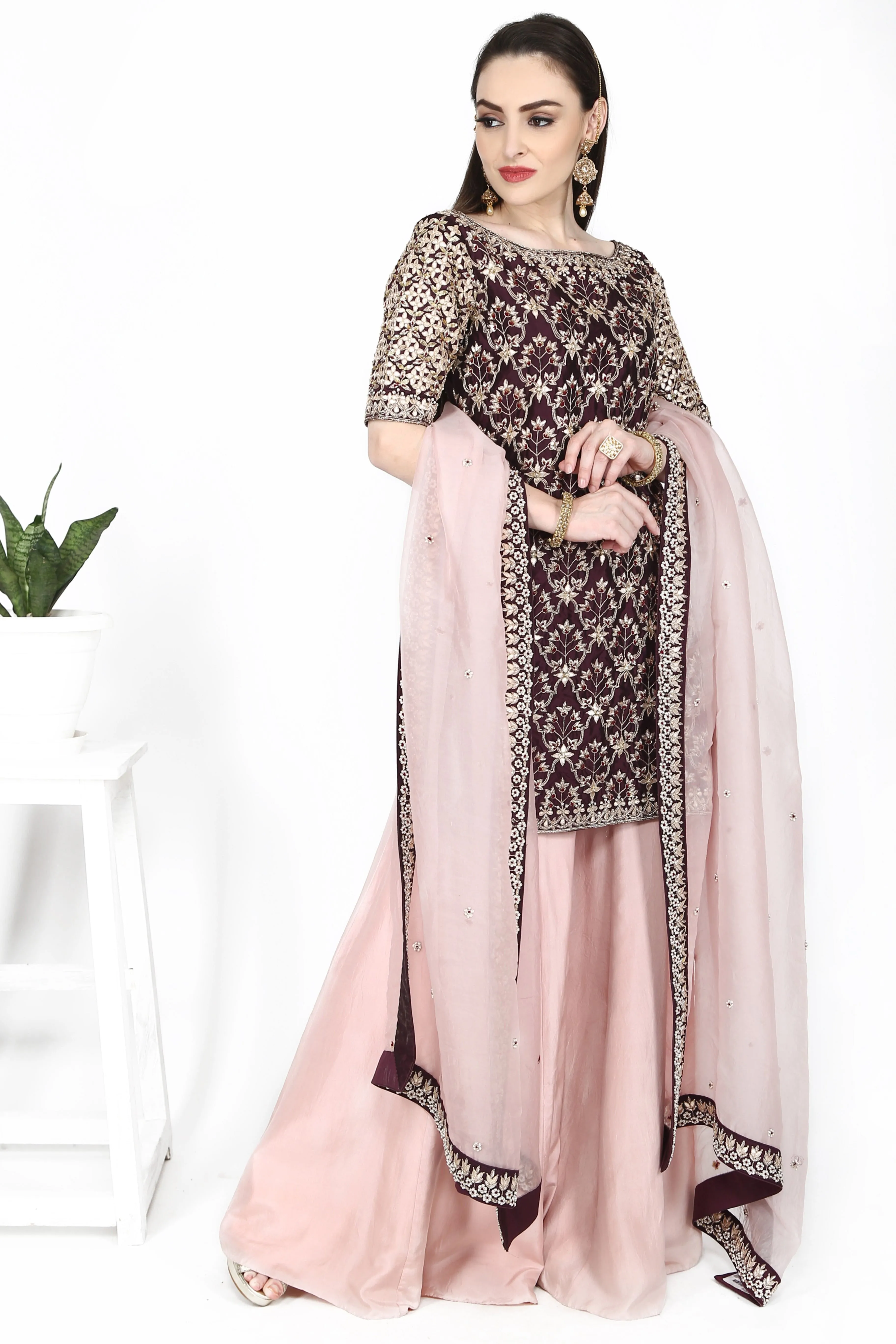 Wine Tunic with Pale Pink Sharara Set.