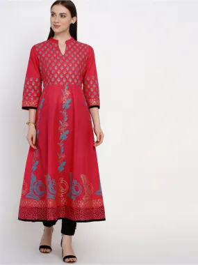 Women Fuchsia Red Festive Ajrakh Hand Block Cotton Printed Anarkali